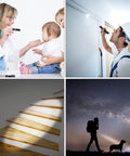 Collage: Ultra Bright Mini LED Pen Light Pocket Size Flashlight used by doctor, worker, lighting stairs, and hiker under stars