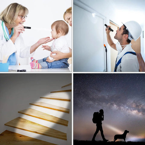 Collage: Ultra Bright Mini LED Pen Light Pocket Size Flashlight used by doctor, worker, lighting stairs, and hiker under stars