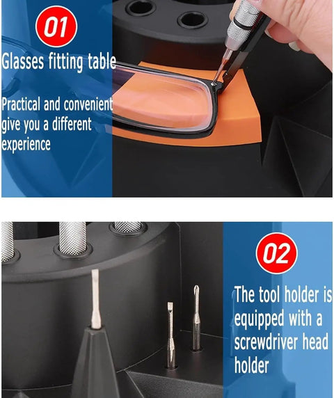 Eyeglass Repair Tool Kit Pro Grade With Six Precision Screwdrivers And Eight Versatile Pliers in use on glasses fitting table.