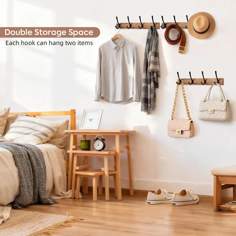 Bedroom with Acacia Wood Wall Coat Rack with Heavy Duty 4 Double Hooks, 15 Inch Long, holding coats, bags, and hats