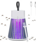 Rechargeable Mosquito Zapper Cordless USB Charge, 600V Grid With Safety Shield, 360 Degree Coverage showing purple light and accessories