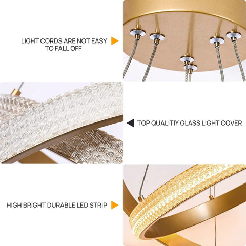 Close-up of Modern LED Chandelier Dimmable Pendant Light With Two Ring Dope Design showing gold finish and glass light cover.