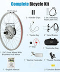 Complete 24 inch electric bicycle conversion kit with 750W front wheel, brushless toothed hub motor, and accessories.