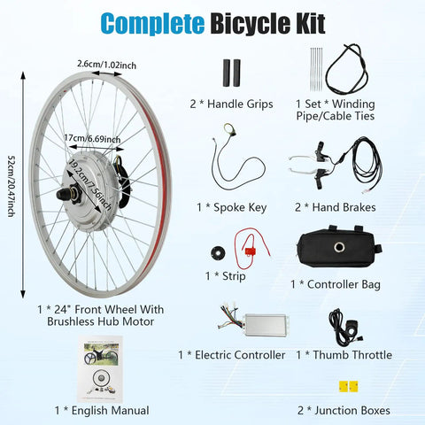 Complete 24 inch electric bicycle conversion kit with 750W front wheel, brushless toothed hub motor, and accessories.
