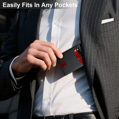 Man placing Slim RFID Blocking Leather Card Holder Wallet For Men With 14 Card Capacity Bifold Minimalist Wallet into suit pocket