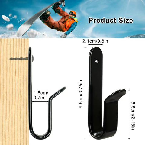Heavy Duty Snowboard Wall Mount Clips With Rubber Dipped Body For Scratch Protection, Angled Design For Easy On And Off, Horizontal Skateboard Wall Mount Display Stand For Room Or Garage, Secure, Durable Storage against a wooden backdrop showing measurements.