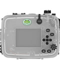 Underwater Housing For Sony ZV-E10 With Dome Port, Waterproof To 40 Meters 130 Feet, rear view showing button access.