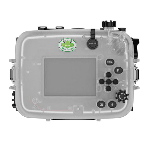 Underwater Housing For Sony ZV-E10 With Dome Port, Waterproof To 40 Meters 130 Feet, rear view showing button access.