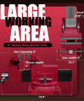 Beast Mode 8 Inch Bench Vise Boasting 360 Degree Swivel Base And 4 Inch Throat Depth with jaw opening dimensions labeled.