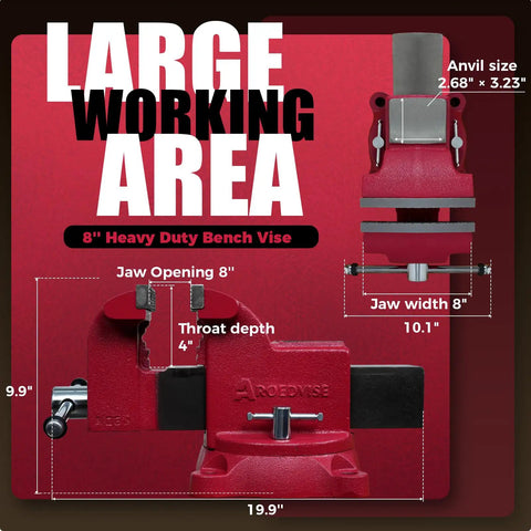 Beast Mode 8 Inch Bench Vise Boasting 360 Degree Swivel Base And 4 Inch Throat Depth with jaw opening dimensions labeled.