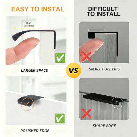 Comparison of Six Pack Slick Finger Edge Pulls Self Stick Instant Cabinet Drawer Pull Concealed Handles with ease of installation features.