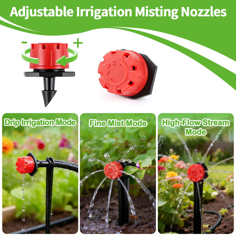 240 Piece Drip Irrigation Kit For Quarter Inch Tubing showing adjustable misting nozzles in three watering modes