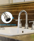 Widespread 8 Inch Brushed Nickel Bathroom Faucet Dope Pop Up Drain, 3 Hole Sink Setup with flowing water and mesh detail