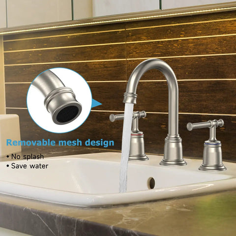 Widespread 8 Inch Brushed Nickel Bathroom Faucet Dope Pop Up Drain, 3 Hole Sink Setup with flowing water and mesh detail