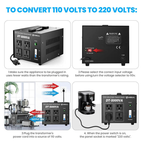 Beast 5000 Watt Voltage Converter Transformer For Home And Travel showing step-by-step usage instructions and voltage settings