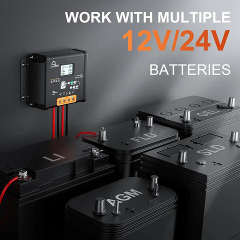 Beefy 30A MPPT Solar Charge Controller With LCD Display and Temp Sensor connected to 12V and 24V batteries, supports AGM, Gel, LiFePO4.