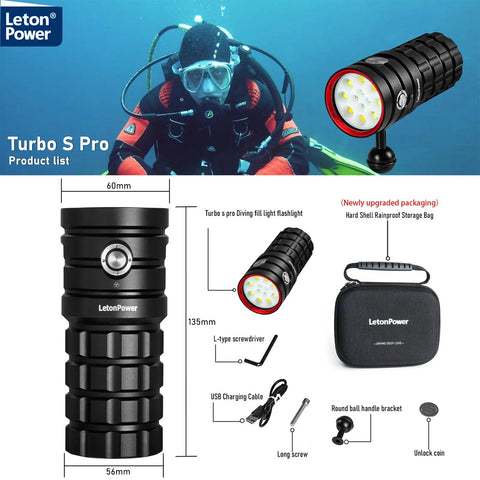 Scuba diver with Beast Bright 25000 Lumens Underwater Dive Light, Type C Charging, multi color LED modes, and accessories display
