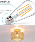 Rattan Ceiling Light Fixture With Woven Wicker Shade under E26 base bulb, Boho Coastal Chic Chandelier For Hallway, Entryway.
