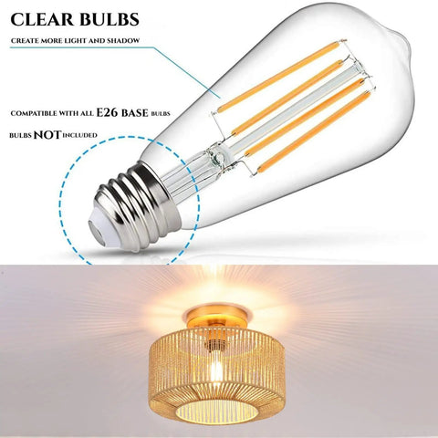 Rattan Ceiling Light Fixture With Woven Wicker Shade under E26 base bulb, Boho Coastal Chic Chandelier For Hallway, Entryway.