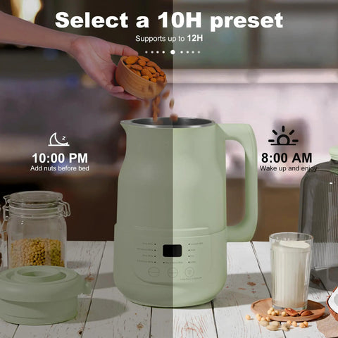 Next Level 40oz Nut Milk Maker Blender Two Pack with preset timer displaying almond preparation, green plant-based blender design.