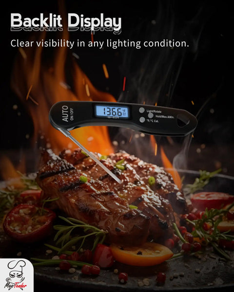 Fast Read Meat Thermometer For Grill Masters And Home Cooks, 1.2 Second Read, Plus Or Minus 1 F Accuracy, displaying 136.6 F on steak