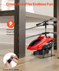 Red Rad RC Helicopter For Kids with crash-proof design near a table, highlighting flexible plastic blades and automatic power-off protection.