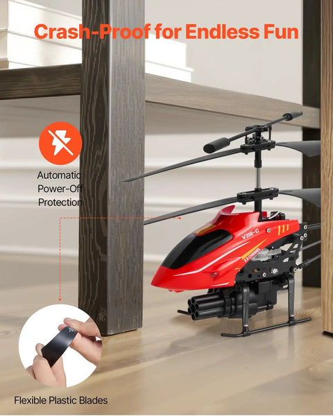 Red Rad RC Helicopter For Kids with crash-proof design near a table, highlighting flexible plastic blades and automatic power-off protection.