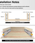 Installation guide for Heavy Duty 48 Inch Drawer Slides With Lock showing side mounting and parallel alignment details.