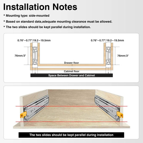Installation notes for Tank Grade 52 Inch Heavy Duty Lockable Drawer Slides 500 LB Side Mount Full Extension Ball Bearing Rails.