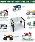 Portable Band Saw Stand Table For DeWalt And Milwaukee Deep Cut Saws, displayed with compatible saw models from various brands.