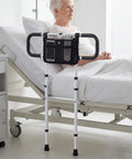 Senior woman using Foldable Bed Rail For Seniors With Adjustable Width And Height, No Fuss Carry Bag Included, Safety Belt And Two Handles