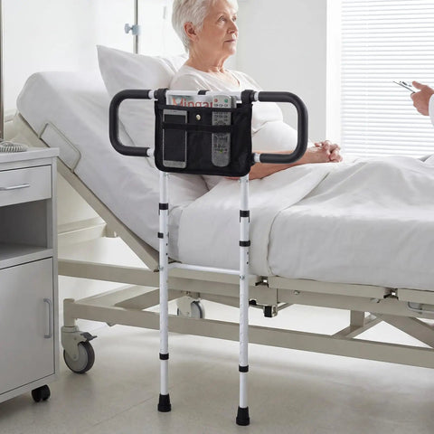 Senior woman using Foldable Bed Rail For Seniors With Adjustable Width And Height, No Fuss Carry Bag Included, Safety Belt And Two Handles
