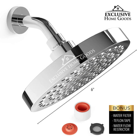 Deluxe Chrome Rainfall Shower Head With 6 Inch Diameter, High-Pressure Jets, Anti-Clog Silicone Nozzles, 2.5 GPM Flow