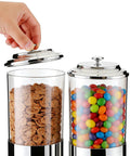 Level Up Your Kitchen Game With This Heavy Duty Dual Chute Cereal Dispenser showing cereal and colorful candies in jars.