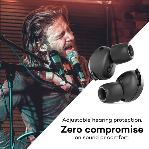 Man singing on stage with adjustable earplugs for musicians and everyday gigs high fidelity hearing protection beside him.