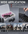 Rock Solid Mushroom Tire Repair Kit With Steel Puller Tool And Compact Carry Case For Cars Trucks Scooters And Electric Bikes No Sweat Roadside Puncture Patch Jobs showing tire plugs and tool in carrying case.