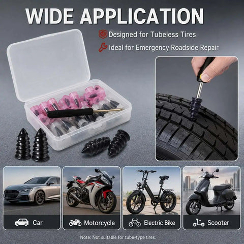 Rock Solid Mushroom Tire Repair Kit With Steel Puller Tool And Compact Carry Case For Cars Trucks Scooters And Electric Bikes No Sweat Roadside Puncture Patch Jobs showing tire plugs and tool in carrying case.