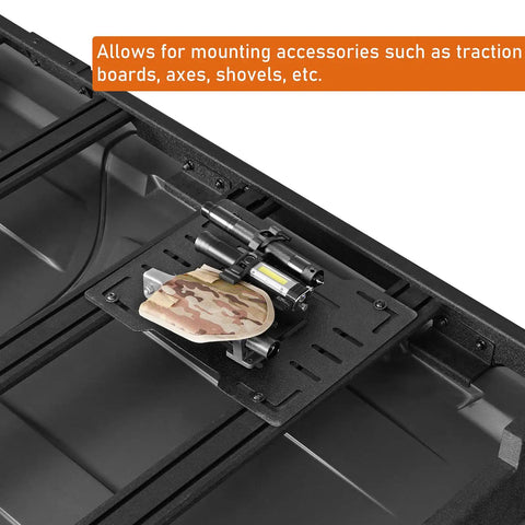 Versatile Roof Rack Mount Panel and Jerry Can Holder for Camping Gear and Overland Accessories, fits on Jeep roof racks.