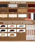 Smooth Operator 3 Temp Wax Melting Pen With Digital Display And Rechargeable USB Heater For Laminate Wood Floor Furniture Countertop And Tile Repair Using Hard Wax Fillers In Blue color chart of hard wax bars and wooden touch-up markers.