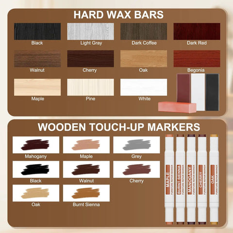 Smooth Operator 3 Temp Wax Melting Pen With Digital Display And Rechargeable USB Heater For Laminate Wood Floor Furniture Countertop And Tile Repair Using Hard Wax Fillers In Blue color chart of hard wax bars and wooden touch-up markers.