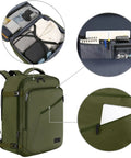 Expandable Air Travel Backpack With Trolley Sleeve Lightweight Carry On Daypack Water Resistant Hiking Bag Large Capacity 45L Fits Overhead Bin Top Pick Gift For Men Who Love To Travel Dark Green, showing internal compartments and exterior pockets.