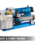 Mini Metal Lathe 7X14 With 550W Variable Speed Motor Nylon Gears And 4 Inch Chuck for precision machining in a blue and silver design.