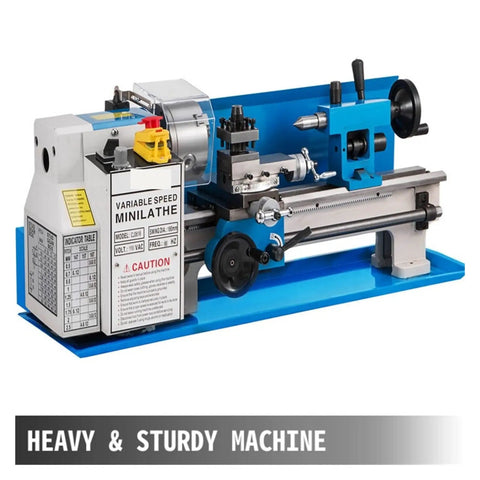 Mini Metal Lathe 7X14 With 550W Variable Speed Motor Nylon Gears And 4 Inch Chuck for precision machining in a blue and silver design.