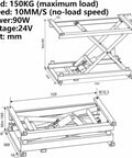 Premium Electric Scissor Lift Table With Remote Control, Solid Steel Metal design dimensions illustration with specifications.