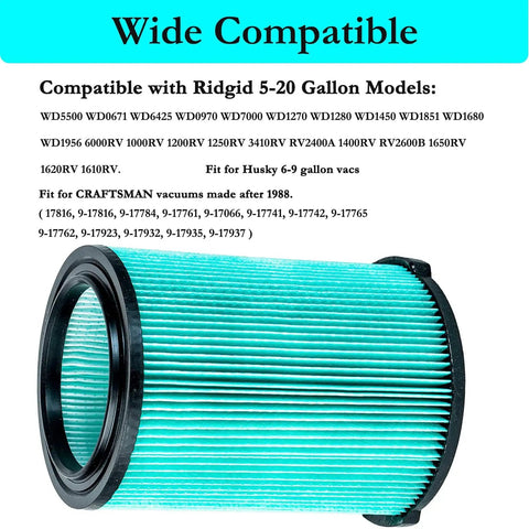 Heavy Duty Five Layer HEPA Replacement Filter For 5 To 20 Gallon Wet Dry Shop Vacuums with compatibility text.