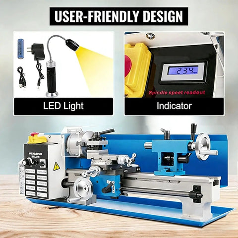 7 Inch Benchtop Metal Lathe Machine With 550W Motor And Up To 2250 Rpm Speed with LED light and speed indicator.