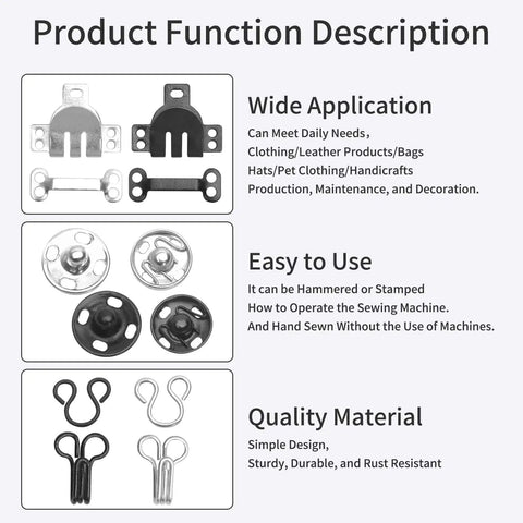 Product Function Description for Must Have 224 Pcs Sewing Hooks And Eyes Closure Set including wide application, easy use, quality material.