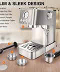 Professional 20 Bar Espresso Machine With Visible Pressure Gauge And Swivel Steam Wand For Silky Milk Foam And Smooth Operator Performance Daily Countertop Coffee Maker showing portafilter and filters.