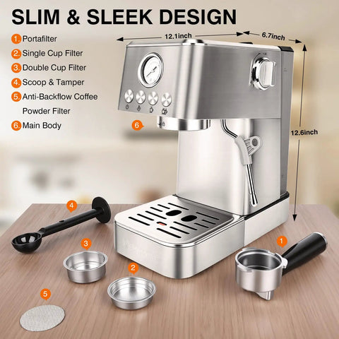 Professional 20 Bar Espresso Machine With Visible Pressure Gauge And Swivel Steam Wand For Silky Milk Foam And Smooth Operator Performance Daily Countertop Coffee Maker showing portafilter and filters.