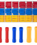 150 Pcs Electrical Butt Connectors Kit Insulated Assorted Straight Wire Terminals in red, blue, and yellow colors
